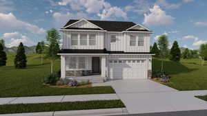 View of front of property with driveway, a porch, stone siding, a garage, and board and batten siding