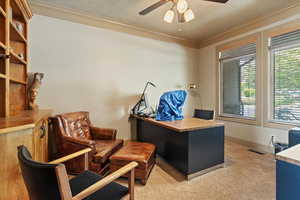 Office area with crown molding, ceiling fan, baseboards, carpet flooring, and visible vents