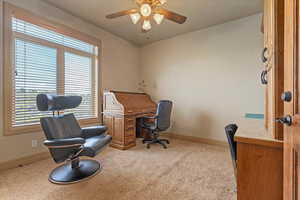 Office featuring baseboards, carpet floors, a ceiling fan, and a wealth of natural light