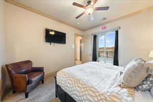 Bedroom featuring crown molding, light colored carpet, baseboards, access to outside, and visible vents
