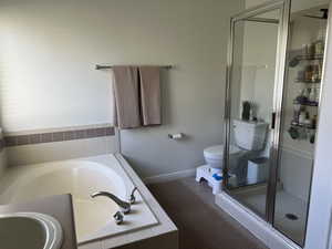 Full master bathroom with a garden tub, a shower stall, and toilet