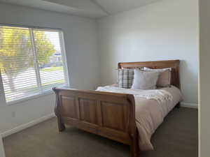 Carpeted bedroom with lofted ceiling.