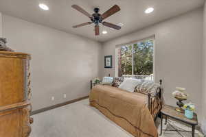 Bedroom with recessed lighting, carpet, visible vents, a ceiling fan, and baseboards