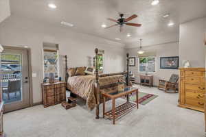 Carpeted bedroom featuring visible vents, access to outside, and recessed lighting