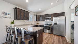Kitchen featuring lofted ceiling, stainless steel appliances, dark brown cabinets, visible vents, and a peninsula