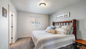 Bedroom featuring baseboards, carpet flooring, and a textured ceiling