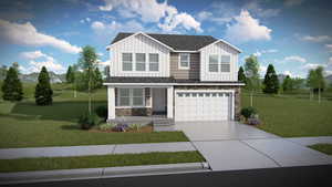 View of front facade featuring board and batten siding, driveway, stone siding, a front yard, and a garage