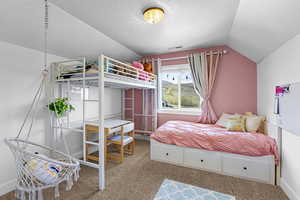 Bedroom with lofted ceiling, a textured ceiling, and carpet