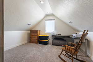 Interior space with a textured ceiling, vaulted ceiling, baseboards, visible vents, and carpet floors