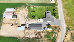 Birds eye view of outbuildings on the property.