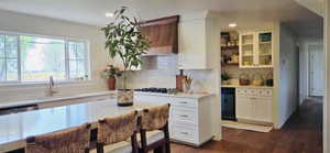 Kitchen with a sink, decorative backsplash, white cabinetry, and light countertops