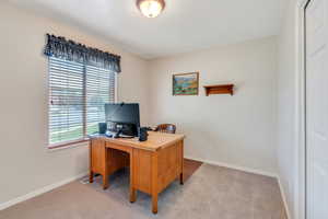 Carpeted office with visible vents, plenty of natural light, and baseboards