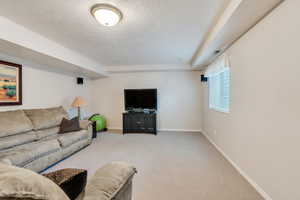 Living area with a textured ceiling, a tray ceiling, light carpet, and baseboards