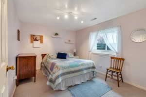 Bedroom featuring visible vents, carpet flooring, and baseboards