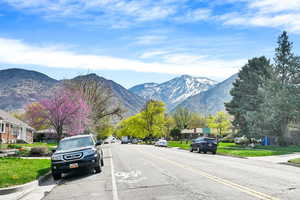 View of road featuring curbs, sidewalks, and a mountain view
