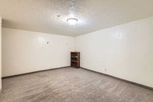 Carpeted spare room with baseboards and a textured ceiling