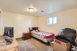 Bedroom with carpet floors, a wood stove, and visible vents