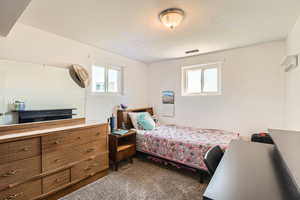 Bedroom featuring multiple windows, visible vents, and carpet