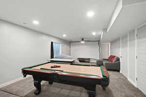 Recreation room featuring baseboards, visible vents, recessed lighting, and billiards
