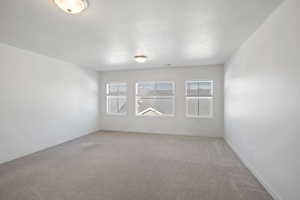 Unfurnished room featuring baseboards, a textured ceiling, and light colored carpet