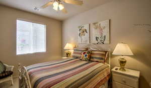 Bedroom featuring a ceiling fan, visible vents, carpet floors, and multiple windows