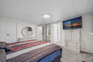 Carpeted bedroom featuring a closet