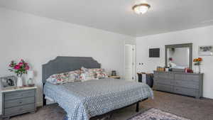 Carpeted bedroom featuring baseboards and visible vents