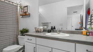 Full bath with visible vents, toilet, and vanity