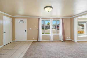 Foyer with baseboards, ornamental molding, and a healthy amount of sunlight