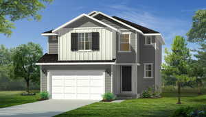 View of front of house featuring board and batten siding, a front lawn, driveway, and a garage