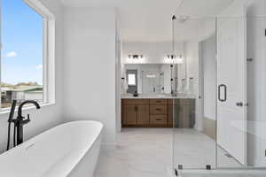 Bathroom with plenty of natural light, a sink, and a stall shower