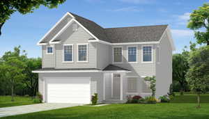 View of front of house featuring a front lawn, roof with shingles, driveway, and a garage