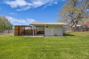 View of outdoor structure featuring a fenced backyard