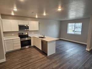 Kitchen featuring a peninsula, a textured ceiling, stainless steel appliances, and a sink