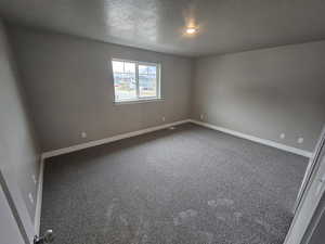 Spare room with carpet, baseboards, and a textured ceiling