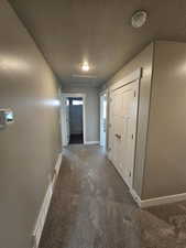 Corridor featuring attic access, baseboards, carpet flooring, and a textured ceiling