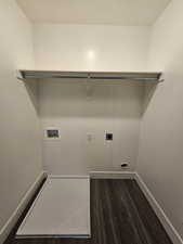 Laundry area with laundry area, wood finished floors, hookup for a washing machine, baseboards, and electric dryer hookup