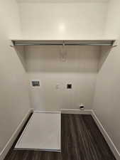 Laundry area with hookup for a washing machine, hookup for an electric dryer, baseboards, dark wood-type flooring, and laundry area