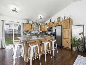 Kitchen with lofted ceiling, appliances with stainless steel finishes, tasteful backsplash, and dark wood-type flooring