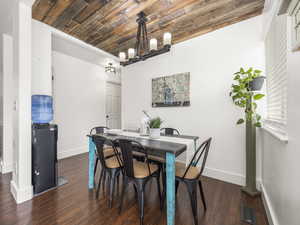 Dining space with wood ceiling, dark wood-style floors, baseboards, and visible vents