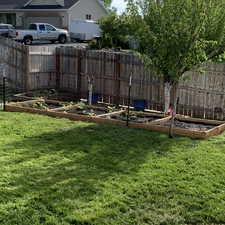 View of yard with fence and a vegetable garden