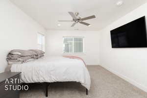 Bedroom featuring a ceiling fan, baseboards, recessed lighting, and carpet flooring