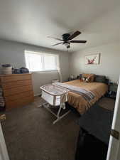 Carpeted bedroom with a ceiling fan