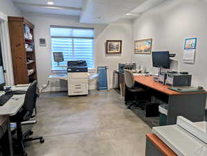 Bedroom 3 is presently set up as a functional main office for your home business. It’s another generously sized room featuring a walk-in closet, currently fitted with shelves perfect for organizing paper and media.