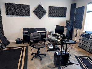 Currently serving as a creative haven, Bedroom 2 is a spacious room that’s been transformed into a recording studio. What could easily become a walk-in closet is now a functional sound booth.