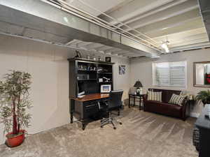 Office area featuring carpet flooring