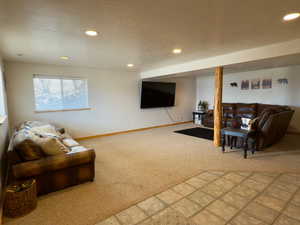 Carpeted living room with baseboards and recessed lighting