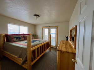Carpeted bedroom featuring access to outside, multiple windows, and a textured ceiling
