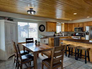 Dining area with wooden ceiling and recessed lighting