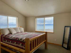 Carpeted bedroom featuring vaulted ceiling, baseboards, and a textured ceiling